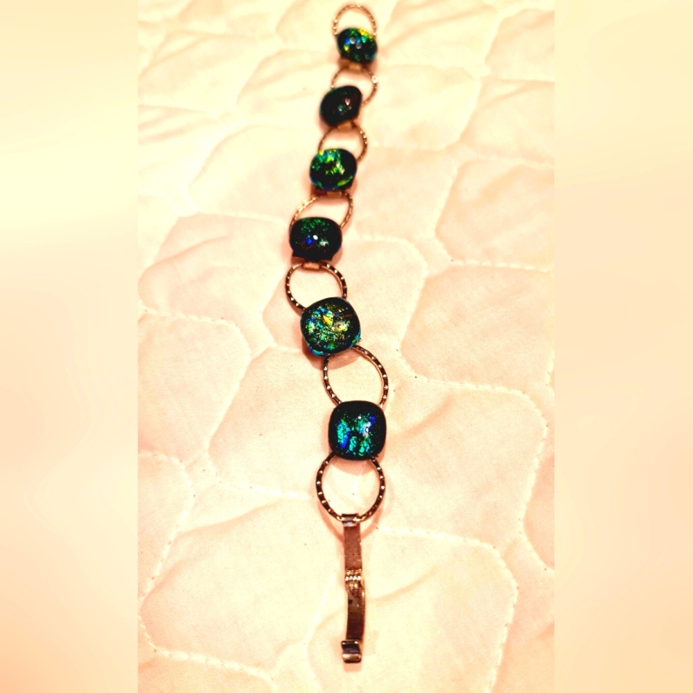Statement Costume Bracelet Artisan Made Dichroic Glass w Hammered Oval Links 8"